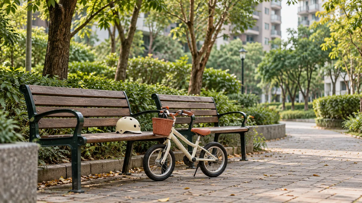 公園長椅與孩子的腳踏車