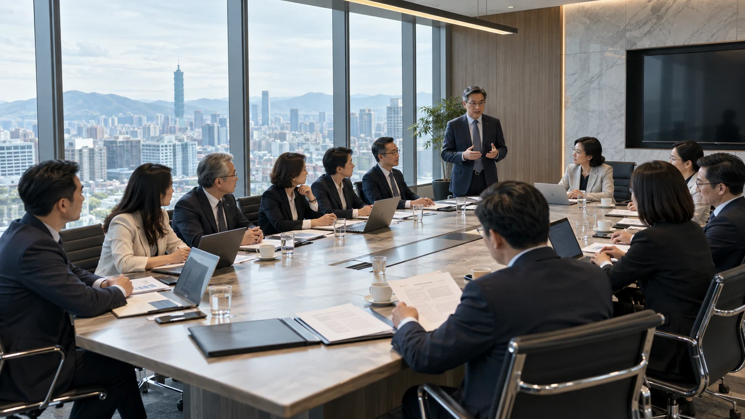 多人共同討論企業決策的大型商務會議